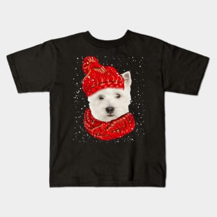 West Highland White Terrier Wearing Red Hat Christmas Kids T-Shirt